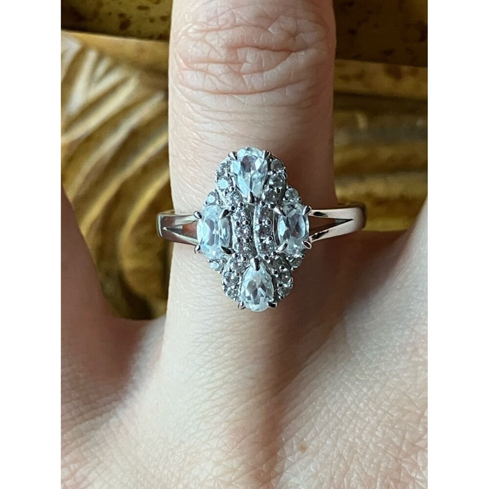 Natural Tanzanian White Zircon Sterling Silver Art Deco Ring Size 7.75
